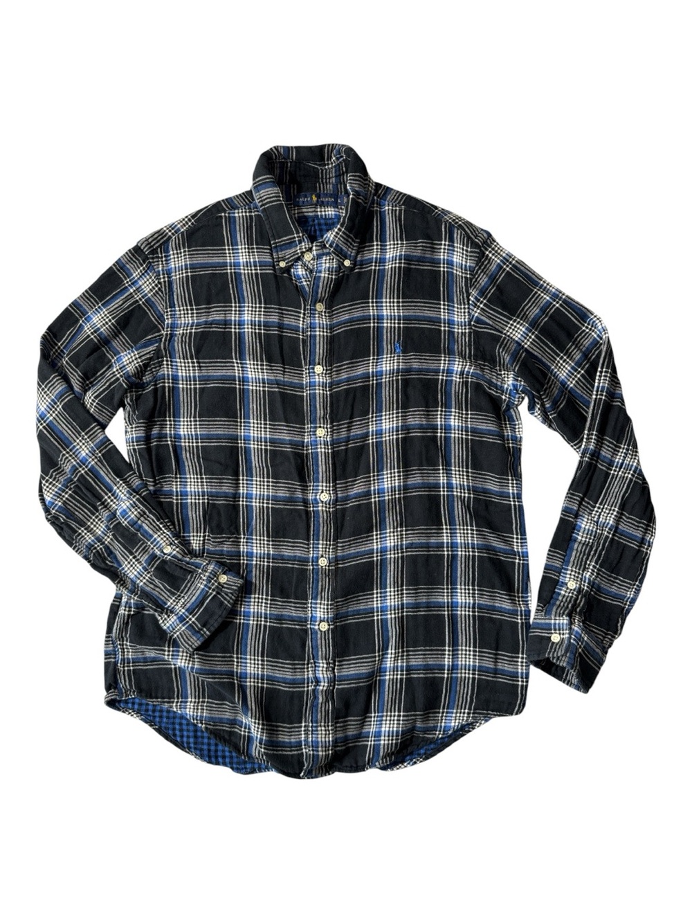 Polo Ralph Lauren men L Large black blue plaid cotton flannel double layer shirt